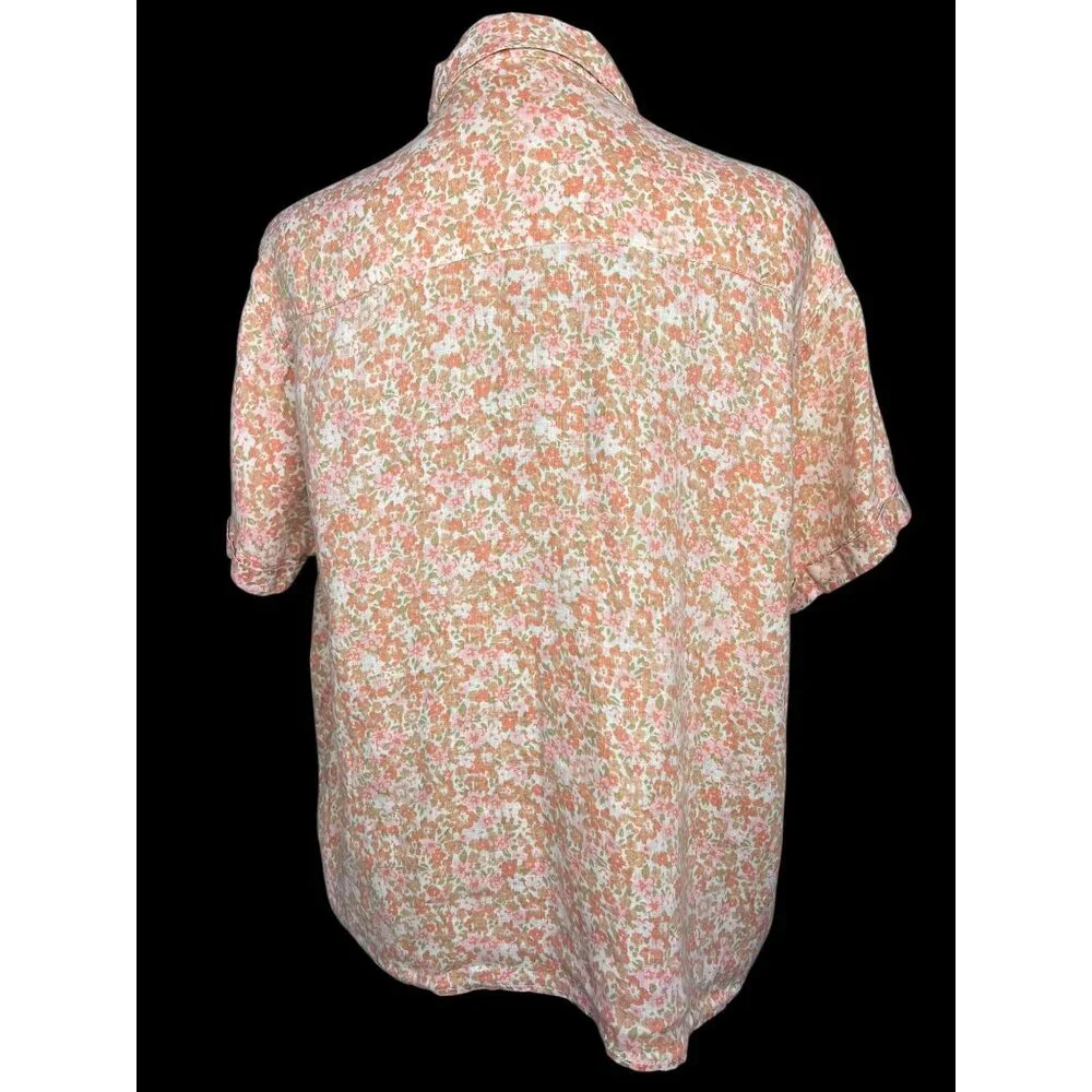 Cynthia Rowley Floral Linen Button Down Shirt WOMEN M Pink Beige Short Sleeve - Picture 2 of 9